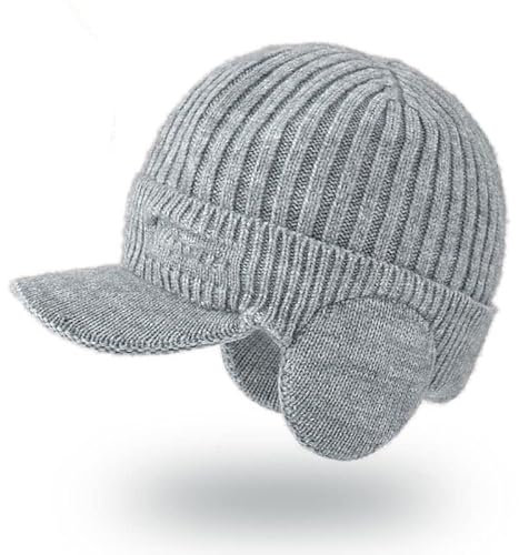 SHTGOI Herren Wintermütze Winter Gestrickte Baseballmütze Kurze Krempe Skimütze mit Fleece Strickmütze Wintervisiermütze Schirmmütze mit Ohrenklappen Herrenmütze für Outdoor-Sportarten Hellgrau