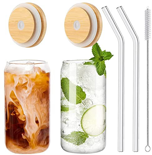 Panngu Bubble Tea Becher mit Deckel und Strohhalm 2er Set, Trinkgläser mit Bambusdeckel und Glasstrohhalm Eiskaffee Gläser für Ice Coffee, Cocktail, Smoothie Glas, Beer, Cold Cups 480ML