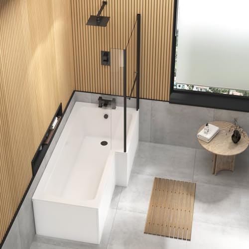 Modern Qubix 1700 x 850mm Right Hand L Shaped Shower Bath tub with Front, End Panel & Black Shower Screen