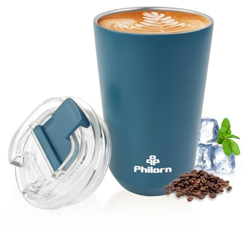 Philorn Tazza da caffè, 380 ml, tazza da viaggio isolata con coperchio a tenuta stagna e doppia parete, riutilizzabile, in acciaio inox, per bevande calde e fredde, blu