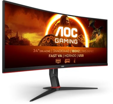 AOC Gaming CU34G2XPD - 34 inch WQHD curved monitor, 180 Hz, 1ms, FreeSync Premium (3440x1440, HDMI, DisplayPort, USB Hub) black/red