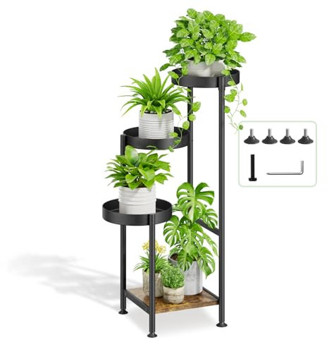 KAZITOO 4 Tier Metal Plant Stand Pot Stand Indoor Outdoor, Corner Plant Holder Flower Shelf for Multiple Plants, Modern Plant Rack with Wooden Plate for Garden Balcony Patio Living Room(Square_black)