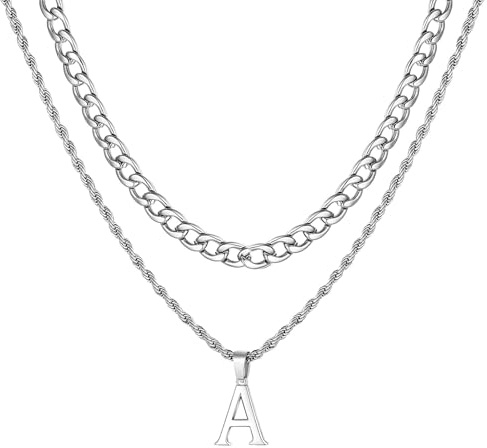Erste Halskette für Männer, A-Z-Buchstaben Halskette 316L Edelstahl Kubanische Verknüpfungskette Schicht Alphabe Anhänger Halskette für Freundesliebhaber Valentines Geschenk (A-Silber A)