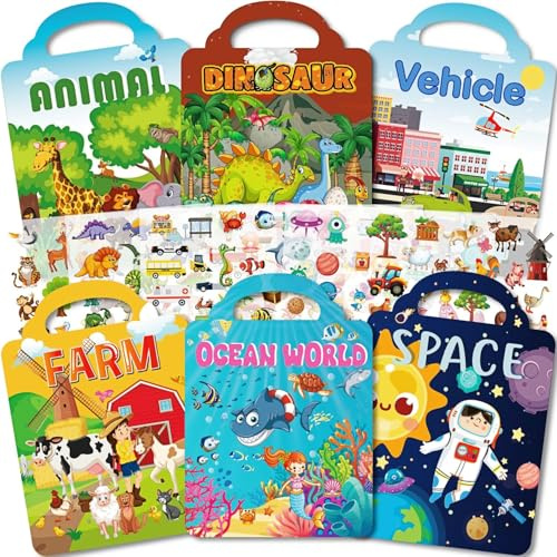 Aannanl Gommettes Enfants 2 3 Ans, 6 Livres d'autocollants Réutilisables Pour Enfants, Livres d'activités Pour Garçons et Filles - Ferme + Animaux + Dinosaures + Monde marin + Espace + Véhicules