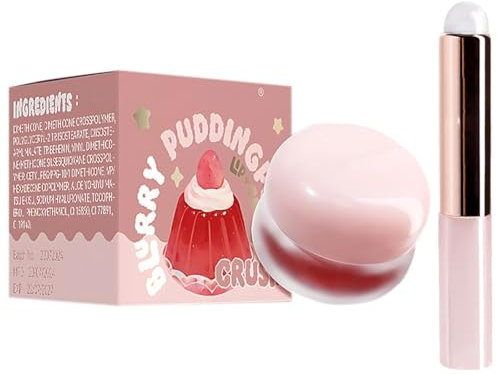 Lip Pudding Pot, Lip and Cheek Blurry Pudding Pot mit Silikon-Lippenpinsel, Blurring Makeup Blush, Milk Jelly Blush, Vielseitig Verwendbares, Natural and Long-lasting, Weiches, Mattes (02#Crush, 3g)