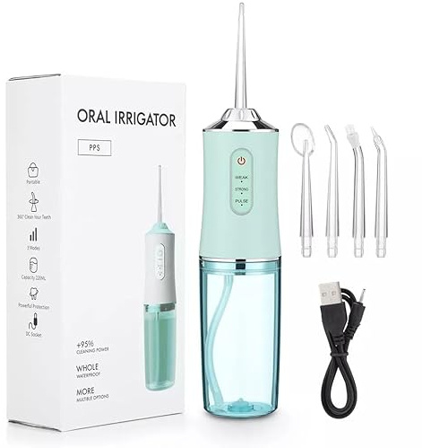4 in 1 Portable Oral Irrigator, 1 Box Rechargeable Electric Water Flosser & Accessories for Men & Women, Household Daily Oral Care Tool for Home & Travel, Cordless Deep Cleansing Gift (Green)