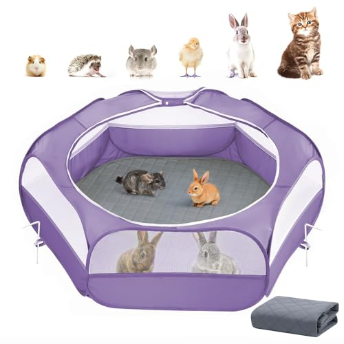 Parc pour Petits Animaux 2-en-1 avec Coussin, Cage pour Petits Animaux Imperméable avec Coussin Réutilisable, Clôture de Cour Extérieure avec 3 Tiges en Métal pour Poussin/Chaton/Chiot, Violet