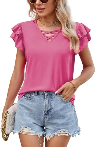 Famulily Womens Summer Blouses V Neck Short Sleeve Shirts Loose Casual Summer Tunic Tops Hot Pink XXL