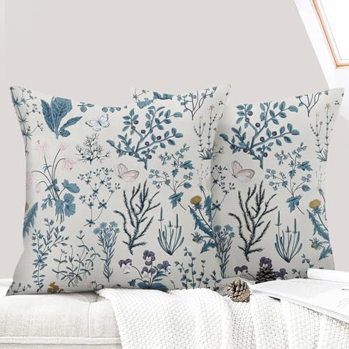 ECZOIL Lot de 2 Decorative Housse de Coussin 40x40 cm Flowers Housse de Canapé Décoratifs Motif Plante à Fleurs Sauvages Taie d'oreiller pour Chambre et Ferme Maison Salon - Fleur Rétro Bleue