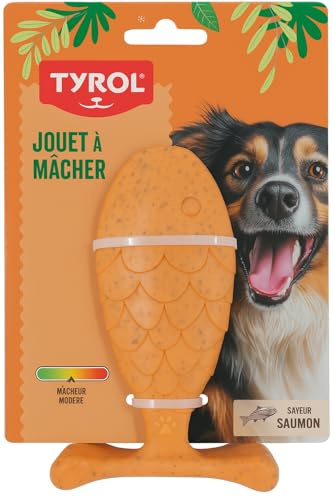 Tyrol - Jouet Chien Bambone Saumon - Jouet pour Chien - Masse Les Dents et Gencives - avec de la Fibre de Bambou - Résistance Médium pour Mâcheurs Modérés - Saveur Saumon - 14cm