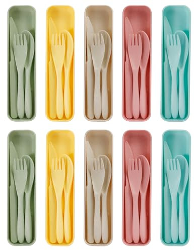 Zoyiancy Juego de 10 cubiertos de viaje con estuche, plástico portátil para camping, cuchillo, tenedor, cuchara reutilizable para viajes, pícnic, al aire libre, oficina, escuela