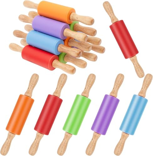 10 Stück Mini Nudelholz 23 cm Kleine Teigroller mit Silikonrolle und Holzgriff, Antihaft-Backrolle für Küche, Fondant, Pizza, Brot, Gebäck (5 Farben)