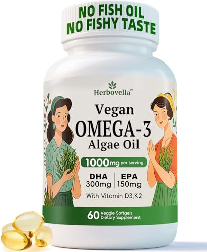 Vegan Omega 3 Softgels from Algae Oil – Fish Oil Alternative, DHA 300mg EPA 150mg with Vitamin D3 K2, No Fishy Taste, Plant-Based Omega-3 Supplement