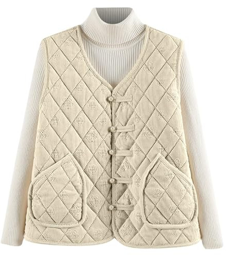 Gilet matelassé pour femme de style traditionnel - Veste matelassée avec boutons décoratifs et poches - Gilet mi-saison sans manches avec motif floral, Style_j01 Beige, 3XL