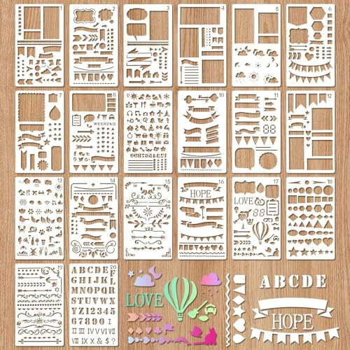 20 Stück Bullet Schablonen Set, Malschablonen Kinder Bullet Journal Zubehör Schablonenfolie Wiederverwendbar Hohl Spray Kunststoff für Journal Notizbuch Scrapbook Kalender (17.8 x 10.2cm)