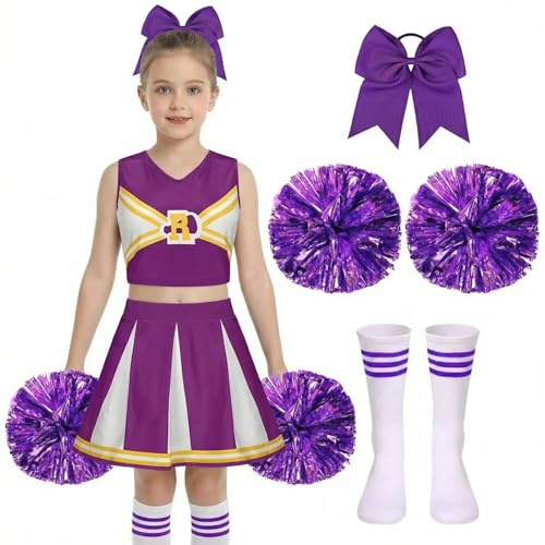 Costume Cheerleader Carnaval Fille Deguisement Pompom Girl Costume Cheerleader Fille avec Barrette Nœud Bâton Majorette Pompons Chaussettes Cheerleader Uniforme Halloween Carnaval Fêtes,4-18ans