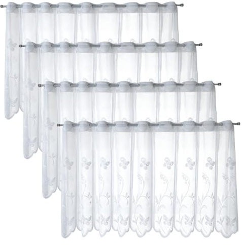 4 Stück Scheibengardinen Modern, Weiß Halbtransparente Bistrogardine | Kurze Küchengardinen Modern mit Stickerei & Ösen Ideal für Küche, Wohnzimmer, Schrank & Wohnwagen (130 x 45 CM)