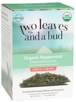 Two Leaves and a Bud Organic Peppermint Tea Bags, Naturally Caffeine Free, Herbal Whole Leaf Peppermint Tea in Compostable Sachets, 15 Count (Pack of 1)