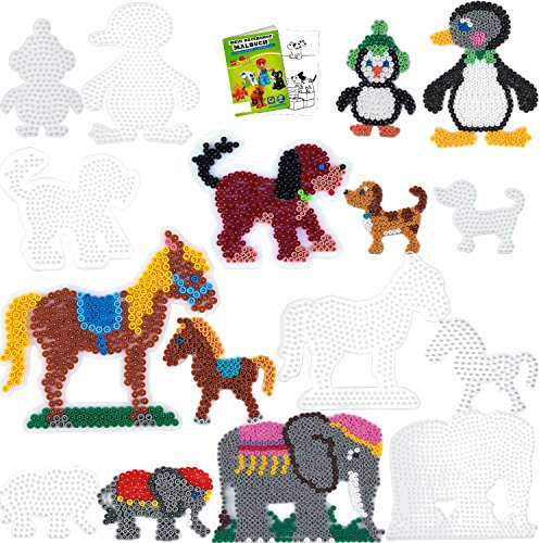 HAMA Stiftplatten-Set für Midi Perlen : Pinguin Hund Elefant Pferd und ihre Tierkinder = 8 Stück