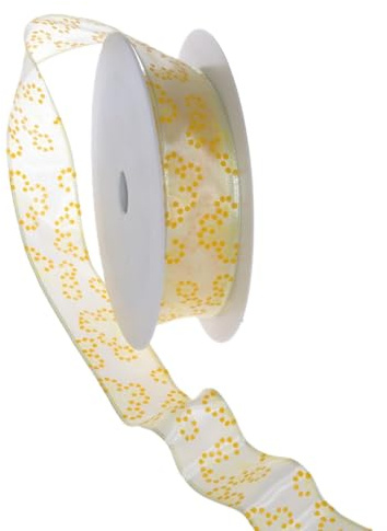 Dekoband mit Drahtkante Vogelbeere - Geschenkband Ostern-Frühling - Schleifenband Sommer - Batelband - 40mm Breite - 25m Länge - 47007 (Gelb, 25mm Breite)