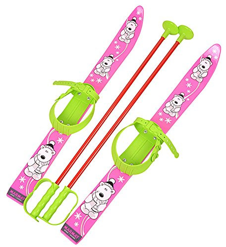 MARMAT SKI Skier Kinder BINDUNG + Stöcken Kinder-SKI Kunststoff 6 Farben 65 cm (Rosa)
