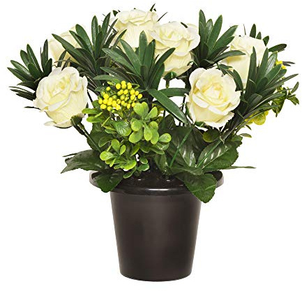 Floristrywarehouse Grabtopf Kunstrose mit Beeren, 25,4 cm, cremefarben
