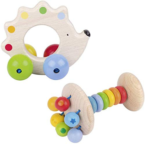 HEIMESS Soft Colours Holz Greifling Elastik Stielrassel Regenbogen & Holz Greifling Igel mit Perlen // Holz // 2-TLG.-Set