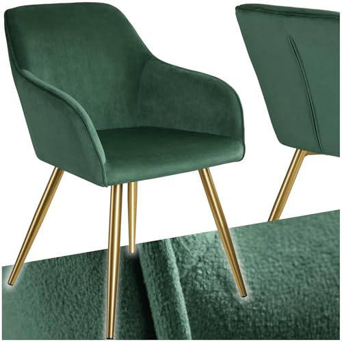 tectake® Esszimmerstuhl, Sessel bequem mit Armlehne, Polsterstuhl, Samtstoff Cocktailsessel, Loungesessel für Wohnzimmer, Esszimmer, Moderne Küchenstühle, Bürostuhl dunkelgrün/Gold