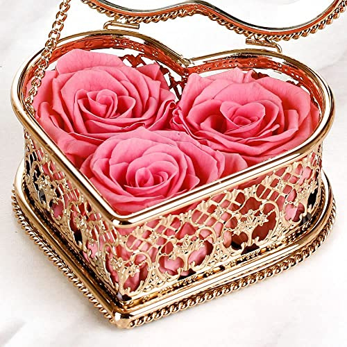 Enchanted Real Preserved Roses in a Heart Shaped Box, Fresh-Cut Eternity Flowers that Last Years, Valentine’s Day, Mother’s Day Gifts for Her, Luxury Elegant Metal Box, Glass Heart Box Pink