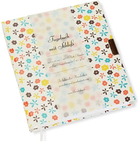 libralides - Handgemachtes Tagebuch mit Schloß 16,5x19cm 240 Seiten „bunte Blumen“ Blanko Schreibbuch mit Lesezeichen - Blankobuch mit Muster unliniert für Kinder & Erwachsene - Ideal als Poesiealbum