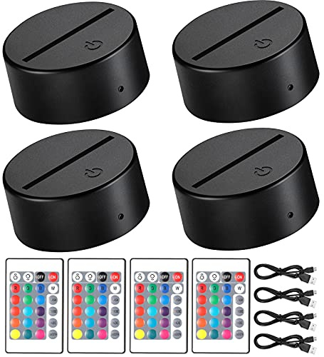 Honoson 4 Pieces 3D Night LED Lamp Base 16 Colors LED Lights Display Base with Remote Control and USB Cable, Lights Frame for Acrylic and Resin Glass, for Restaurant Room Shop in Black
