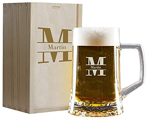 Cadeau personnalisé : Chope à bière avec Initiale gravée dans Une boîte en Bois également personnalisée