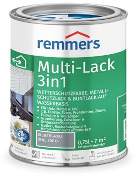 Remmers Multi-Lack 3in1 silbergrau (RAL 7001), 0,75 Liter, Wetterschutzfarbe, Metallschutzlack & Buntlack auf Wasserbasis für Holz, Metall & PVC