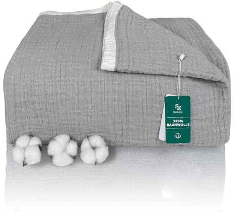 SE SOFTEXLY Musselin Decke aus 100% Baumwolle, 4-Lagige Atmungsaktive Weiche Kuscheldecke, GroßeSofadecke für Erwachsene, Ideale Tagesdecke für Alle Jahreszeiten (Grau, 230 x 260 cm)