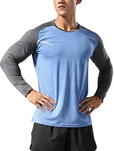 Herr fitness långa ärmar skjortor sport löpning bodybuilding t-shirts torr passform topp tröjor, 2101 blå hit grå, L