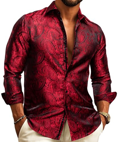 Barry.Wang Camisa de vestir de seda de lujo con estampado de cachemira para hombre, manga larga, gran talla, para boda, fiesta, casual, negocios, formal, rojo vino, L