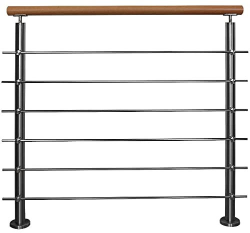Corrimano in acciaio inox con corrimano in faggio per interni scale, ringhiera in legno V2A con montanti orizzontali. Variante: con 6 montanti lunghezza: 1,2 m con 2 pali