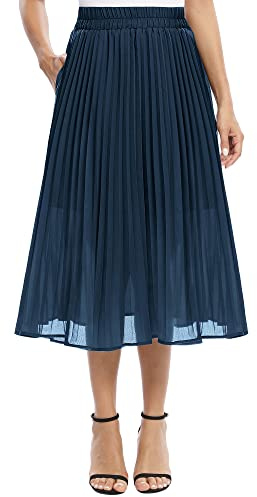 EXCHIC Damen Fließender Chiffon Elastisch Taille Midi Rock Freizeit A-Linie Knielange Falten Rock mit Tasche (M, Navy Blau)
