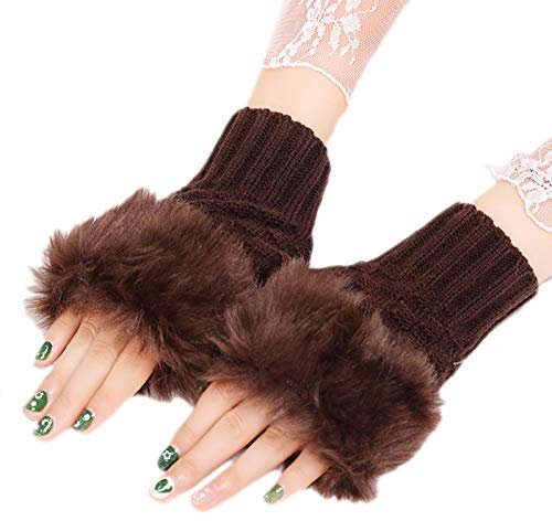 Haveratio Damen Winter Flauschig Plüsch Patchwork Halbfinger Handschuhe Häkeln Gestrickt Einfarbig Kurz Fingerlos Fäustlinge Pulswärmer Kaffee