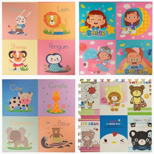 Tappeto Tappetino Mattonella Puzzle Morbido 60x60x1 cm Per Bambini Giardino Piscina (Conf. 4 pz - Mod. Funny)
