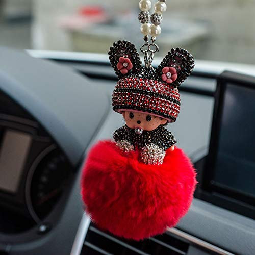 Décoration de rétroviseur de voiture - Pendentif en strass - Jolie poupée en peluche - Décoration d'intérieur - Cadeau pour femme et homme - Rouge