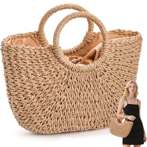 Pumtus Women Straw Bag, Large Hand-woven Summer Beach Handbag, Handmade Straw Tote Bag, Casual Top-handle Rattan Woven Semi-circle Clutch Bag for Women, Travel, Vacation