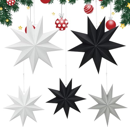 mizikuu 5 PCS Etoile Papier à Suspendre, 9 Pointu Etoile de Noel Pendentif de Décorations Suspendues de d'arbre de Noël Papier étoiles Plafond Ornement pour Noël Mariage Anniversaire