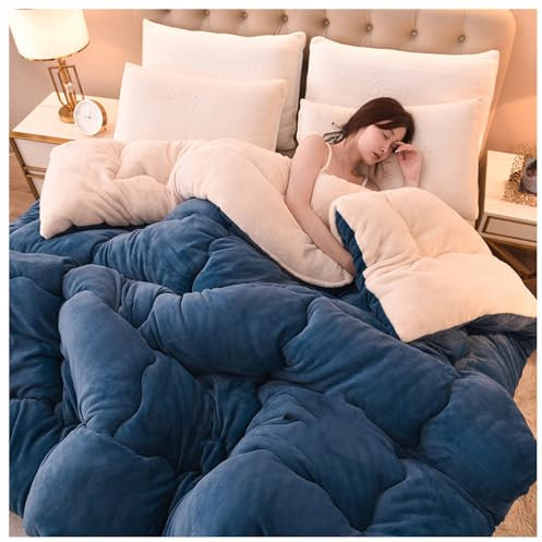FFFF & OLFEH Steppdecke, Flauschige Kaschmir Steppdecken, Verdicken Sie Lamm Kaschmir Decke Winter Weiche Warme Bettdecke Bettwäsche,Dicker Lamm-Kaschmir (Navy blau,150x200cm-2.5kg)