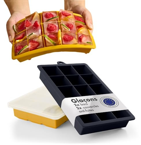 Blumtal silikonform för isbitar med lock i Black Blue - Spicy Mustard kub storlek XL - bpa-fri isbitsbricka - lätt att ta bort isbitar - stor isbitsform - stor fyrkantig isbitsform