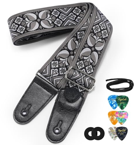 POGOLAB Guitar Strap, 2 inch Wide Jacquard Embroidery Cotton Adjustable Guitar Straps with Leather Ends, Soft & Comfortable, with Strap Locks & Picks, for Bass/Electric/Acoustic Guitar (Grey)