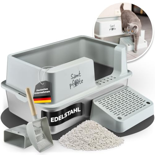 Samtpfote® Flow- Offenes Katzenklo aus Edelstahl - XL Katzentoilette mit Spritzschutz - Seiteneinstieg - Auslaufsicher - Hygienisch - Leicht zu reinigen - 60 x 40 x 30 cm Cat Litter Box