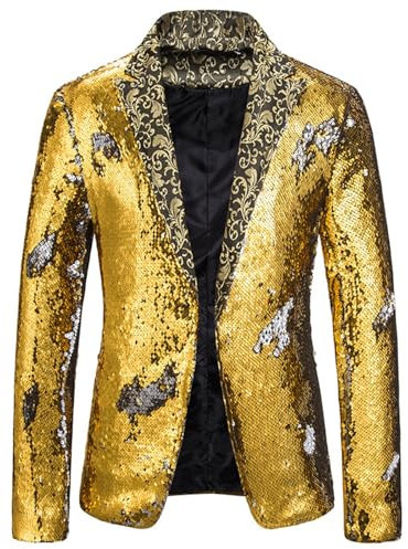 Abito da uomo oversize con paillettes casual da ballo per la festa di fine anno di fine anno di fine anno giacca da neve per uomo, Oro, M