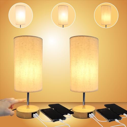 LED ATOMANT Pack 2x Lampara de mesa de noche LED tactil regulable con USB A+C, 3 niveles de brillo, Pantalla de tela de lino Beige, Lampara de escritorio para dormitorio salon, Bombilla E27 incluida