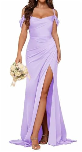 HPPEE Schulterfreies Satin-Brautjungfernkleid für Damen, mit Schlitz, plissiert, langes formelles Abendkleid, Flieder, 42